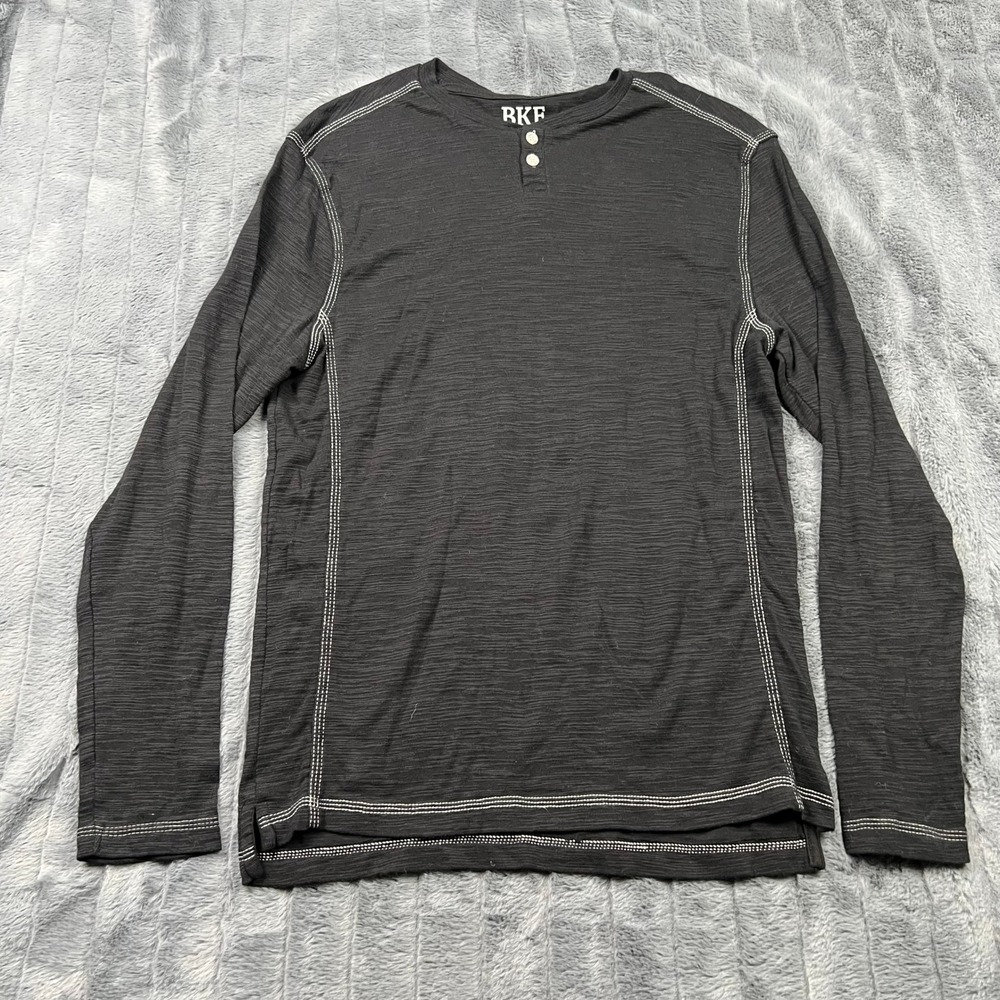 BKE Mens Long Sleeve Henley Shirt Black Slub Knit Contrast Stitch Size M B1132